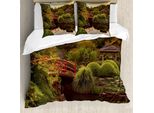 Set Copripiumino Giapponese Abakuhaus, Giardino Tranquillo Con Riflessi Nell'acqua Ponte Rosso Sullo Stagno Tramonto, 155 X 220 Cm + 80 X 80 Cm, Verde Giallo