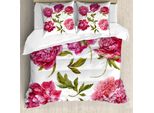 Set Copripiumino Abakuhaus, Boccioli Primaverili Nei Toni Chiari Acquerello Bouquet Di Peonie Grafica, 155 X 220 Cm + 80 X 80 Cm, Verde Oliva Magenta
