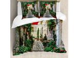 Abakuhaus Set Copripiumino Mediterraneo, Strada Stretta Con Fiori Città Vinicola Rurale Nel Sud Della Francia Foto, 155 X 220 Cm + 80 X 80 Cm, Grigio Verde