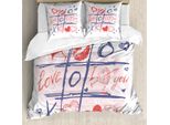Set Copripiumino Abakuhaus Per San Valentino, Xoxo Gioco Con Labbra Sketchy Circles Cuori Tema Amore Romantico, 200 X 200 Cm + 80 X 80 Cm, Bianco Blu Rosso