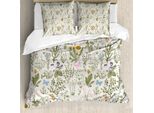 Set Copripiumino Abakuhaus, Piante Da Giardino Vintage Con Fiori Aromatici, Design Botanico Classico, 200 X 200 Cm + 80 X 80 Cm, Verde Reseda Beige