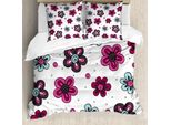 Set Copripiumino Abakuhaus, Graziosi Boccioli Di Fiori, Motivo Femminile, Stampa Artistica Estiva, 155 X 220 Cm + 80 X 80 Cm, Magenta, Grigio, Azzurro