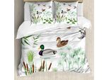 Abakuhaus Set Copripiumino Con Paperelle Di Gomma, Animali Marini E Piante Acquatiche Con Lily Flowers Reeds Cane Nel Parco Naturale Dello Stagno, 200 X 200 Cm + 80 X 80 Cm, Bianco Verde