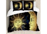 Abakuhaus Set Copripiumino Psichedelico, Luna Stelle Sole Stile Retrò, 200 X 200 Cm + 80 X 80 Cm, Blu Petrolio Giallo