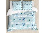Set Copripiumino Abakuhaus, Motivo Cartoon Cielo Con Aeroplani E Nuvole Vorticanti, 155 X 220 Cm + 80 X 80 Cm, Azzurro Bianco Rosa