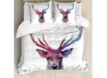 Abakuhaus Set Copripiumino Cervo, Illustrazione Di Cervo Maschio, Colori Tenui, Corna, Animale, Natura, Stampa Artistica, 155 X 220 Cm + 80 X 80 Cm, Viola Rosa