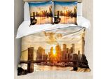 Set Copripiumino Abakuhaus New York, Panorama Urbano Con Brooklyn Bridge E Manhattan Hudson River Center Di Kultur Foto, 155 X 220 Cm + 80 X 80 Cm, Multicolore