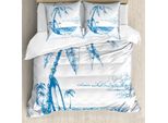 Abakuhaus Set Copripiumino Surf, Illustrazione Moderna Con Disegno Di Spiaggia Hawaiana Con Tavola Da Surf, Palme E Acqua Dell'oceano, 200 X 200 Cm + 80 X 80 Cm, Blu E Bianco