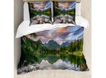 Set Copripiumino Abakuhaus Berg, Idilliaca Veduta Con Albero Su Un Tranquillo Lago Circondato Da Montagne E Cielo Malinconico, 155 X 220 Cm + 80 X 80 Cm, Multicolore