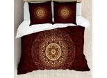 Set Copripiumino Abakuhaus Mandala, Motivo Floreale Vintage Ispirato Alla Cultura Spirituale Asiatica Tribale Etnica, 155 X 220 Cm + 80 X 80 Cm, Marrone Castagna E Giallo