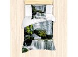 Set Copripiumino Abakuhaus Cascata, Maestosa Cascata Bloccata Da Enormi Rocce Ricoperte Di Muschio Foto, 135 X 200 Cm + 80 X 80 Cm, Verde Bianco E Nero