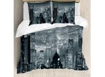 Abakuhaus Set Copripiumino, Panorama Notturno Dello Skyline Di Hong Kong, Famosa Metropoli Urbana Moderna, 155 X 220 Cm + 80 X 80 Cm, Grigio
