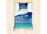 Set Copripiumino Abakuhaus Tropico, Spiaggia Estiva Con Cielo Meraviglioso, Rilassati In Vacanza, Sereno Paesaggio Costiero, 135 X 200 Cm + 80 X 80 Cm, Blu Turchese Bianco