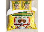 Abakuhaus Set Copripiumino Giorno Dei Morti, Teschi Messicani Con Tacos E Peperoncini 2 Novembre Stampa Artistica Colorata, 155 X 220 Cm + 80 X 80 Cm, Giallo