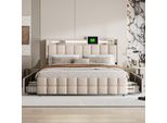 Letto Imbottito Cdglobal 160X200 Cm Con Illuminazione A Led E Ricarica Usb, Struttura Letto Matrimoniale Con Rete A Doghe E Testata Contenitore, Letto Con 4 Cassetti, Materiale Lino, Letto Per Ragazzi, Senza Materasso, Beige