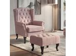 Poltrona Chesterfield, Poltrona Club Reclinabile Poltrona Ad Ala, Tessuto Idrorepellente ~ Rosa Chiaro Con Pouf
