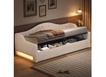 Merax Daybed 90X200Cm, Divano Letto Con Cintura Led E Supporto Idraulico, Letto Imbottito Con Schienale, Rete A Doghe, Daybed In Lino, Beige