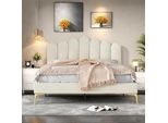 Letto Imbottito 140 X 200 Cm, Letto Per Ragazzi, Letto Matrimoniale Con Schienale Morbido, Letto Piano Con Bordo Imbottito, Rete A Doghe, Velluto, Beige