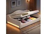 Merax Daybed 140X200Cm, Divano Letto Con Cintura Led E Supporto Idraulico, Letto Imbottito Con Schienale, Rete A Doghe, Daybed In Lino, Beige