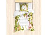 Set Copripiumino Abakuhaus, Pianta Tropicale Feijoa Con Foglie Su Sfondo Semplice, 135 X 200 Cm + 80 X 80 Cm, Verde Corallo