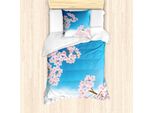 Abakuhaus Set Copripiumino Blu E Rosa, Stile Cartone Animato Con Rami Di Fiori Di Ciliegio E Grafica Cielo Aperto, 135 X 200 Cm + 80 X 80 Cm, Azzurro Cielo, Rosa Cipria, Marrone Terra D'ombra