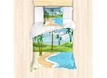 Abakuhaus Set Copripiumino Con Motivo Grafico Per Letti Singoli, Costa Con Erba E Palme, Antiacaro, Adatto A Chi Soffre Di Allergie, Con Federa, 135 Cm X 200 Cm - 80 X 80 Cm, Multicolore