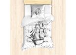 Set Copripiumino Abakuhaus Vintage Nautical Tattoo, Motivo Monocromatico Disegnato A Mano Con Stampa Di Barche A Vela, 135 X 200 Cm + 80 X 80 Cm, Grigio Antracite E Bianco