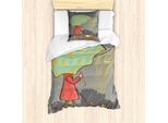 Abakuhaus Set Copripiumino Per Letto Singolo Con Motivo Ombrelli, Donna Che Passeggia Con Cane, Antiacaro, Adatto A Chi Soffre Di Allergie, Con Federa, 135 Cm X 200 Cm - 80 X 80 Cm, Verde Chiaro Multicolore