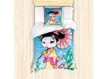 Abakuhaus Set Copripiumino Per Letto Singolo Con Motivo Ombrelli, Geisha, Antiacaro, Adatto A Chi Soffre Di Allergie, Con Federa, 135 Cm X 200 Cm - 80 X 80 Cm, Blu Cielo Profondo Multicolore
