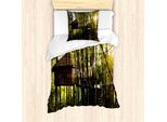 Abakuhaus Set Copripiumino Per Letto Singolo, Capanna Nell'idilliaco Bosco, Antiacaro, Adatto A Chi Soffre Di Allergie, Con Federa, 135 Cm X 200 Cm - 80 X 80 Cm, Giallo Verde Marrone Scuro