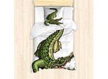 Abakuhaus Set Copripiumino Per Letto Singolo Con Motivo Coccodrillo, Alligatore Dettagliato, Antiacaro, Adatto A Chi Soffre Di Allergie, Con Federa, 135 Cm X 200 Cm - 80 X 80 Cm, Crema, Verde Lime, Bianco