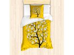Abakuhaus Set Copripiumino Per Letto Singolo Yellow Bird, Uccelli E Rami Doodle, Antiacaro, Adatto A Chi Soffre Di Allergie, Con Federa, 135 Cm X 200 Cm - 80 X 80 Cm, Terra Giallo Bianco