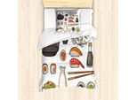 Abakuhaus Set Copripiumino Wasabi Per Letti Singoli, Teiera Giapponese Sakura Sushi, Antiacaro, Adatto A Chi Soffre Di Allergie, Con Federa, 135 Cm X 200 Cm - 80 X 80 Cm, Multicolore