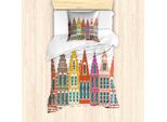 Abakuhaus Amsterdam Set Copripiumino Per Letti Singoli, Case Europee Colorate, Antiacaro, Adatto A Chi Soffre Di Allergie, Con Federa, 135 Cm X 200 Cm - 80 X 80 Cm, Arancione Bruciato Multicolore