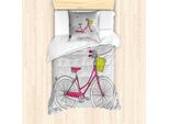 Abakuhaus Set Copripiumino Per Letto Singolo Torre Eiffel, Bonjour Paris Bicicletta, Antiacaro, Adatto A Chi Soffre Di Allergie, Con Federa, 135 Cm X 200 Cm - 80 X 80 Cm, Grigio Chiaro Rosa