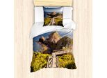 Abakuhaus Australia Set Copripiumino Per Letti Singoli, Rocks-Bridge And The Sea, Antiacaro, Adatto A Chi Soffre Di Allergie, Con Federa, 135 Cm X 200 Cm - 80 X 80 Cm, Marrone Chiaro Verde Blu