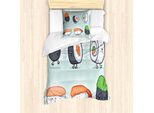 Abakuhaus Set Copripiumino Wasabi Per Letti Singoli, Simpatici Personaggi Sushi Felici, Antiacaro, Adatto A Chi Soffre Di Allergie, Con Federa, 135 Cm X 200 Cm - 80 X 80 Cm, Multicolore