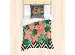 Abakuhaus Set Copripiumino Per Letto Singolo, Motivo Floreale Su Sfondo Chevron, Antiacaro E Anallergico, Con Federa, 135 Cm X 200 Cm - 80 X 80 Cm, Corallo Multicolore