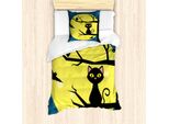 Set Copripiumino Halloween Abakuhaus, Gatto E Gufo Su Un Ramo Di Albero Con Luna Piena, 135 X 200 Cm + 80 X 80 Cm, Blu Petrolio E Giallo