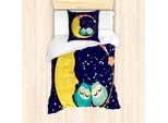 Set Copripiumino Abakuhaus Per Letti Singoli, Sleeping Owl Couple Crescent, Antiacaro, Adatto A Chi Soffre Di Allergie, Con Federa, 135 Cm X 200 Cm - 80 X 80 Cm, Indaco E Multicolore
