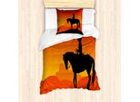 Abakuhaus Set Copripiumino Silhouette Per Letti Singoli, Cavalli Cowboy Solitari, Antiacaro, Adatto A Chi Soffre Di Allergie, Con Federa, 135 Cm X 200 Cm - 80 X 80 Cm, Nero Vermiglio