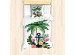 Abakuhaus Set Copripiumino Vintage Nautical Tattoo Per Letti Singoli, Ibisco Esotico, Antiacaro, Adatto A Chi Soffre Di Allergie, Con Federa, 135 Cm X 200 Cm - 80 X 80 Cm, Verde Pavone Multicolore