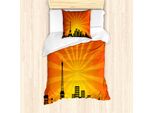 Abakuhaus Set Copripiumino Per Letto Singolo Torre Eiffel, City Skyline Sunburst, Antiacaro, Adatto A Chi Soffre Di Allergie, Con Federa, 135 Cm X 200 Cm - 80 X 80 Cm, Arancione Terra Giallo
