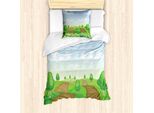 Abakuhaus Set Copripiumino Per Letti Singoli Outdoor Scene, Campi Idilliaci, Antiacaro, Adatto A Chi Soffre Di Allergie, Con Federa, 135 Cm X 200 Cm - 80 X 80 Cm, Verde Lime Multicolore
