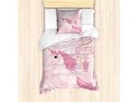 Abakuhaus Set Copripiumino, Unicorno Da Sogno Con Stampa Fantasiosa Fortress Childish, 135 X 200 Cm + 80 X 80 Cm, Guscio D'uovo Pallido Rosa Pallido