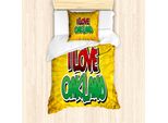 Abakuhaus Oakland Set Copripiumino Per Letti Singoli, Stile Pop Art Tipografico, Antiacaro, Adatto A Chi Soffre Di Allergie, Con Federa, 135 Cm X 200 Cm - 80 X 80 Cm, Giallo Terra E Verde Felce