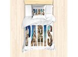 Abakuhaus Set Copripiumino Per Letto Singolo Torre Eiffel, Collage Moderno Con Scritte, Antiacaro E Anallergico, Con Federa, 135 Cm X 200 Cm - 80 X 80 Cm, Blu Scuro Multicolore