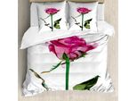 Set Copripiumino Abakuhaus Vintage Rose, Illustrazione Con Ramo Di Rosa Singola E Fumo, 155 X 220 Cm + 80 X 80 Cm, Verde Felce E Rosa Pastello