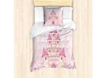 Abakuhaus Set Copripiumino, Wonder Tale Princess Fortress Palace Cartoon Childish Fun Illustration, 135 X 200 Cm + 80 X 80 Cm, Rosa E Senape Chiaro