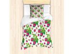 Abakuhaus Set Copripiumino Per Letti Singoli, Lamponi E Foglie Verdi, Antiacaro, Adatto A Chi Soffre Di Allergie, Con Federa, 135 Cm X 200 Cm - 80 X 80 Cm, Verde Magenta
